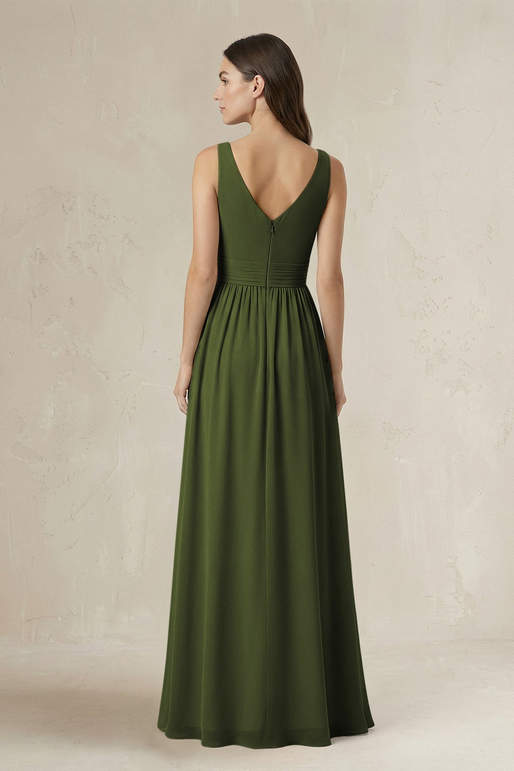 Illusion V - Neck A - Line Ruched Bridesmaid Dress in Olive - KISS BRIDAL Bridesmaid Dresses