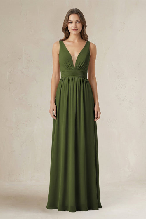 Illusion V - Neck A - Line Ruched Bridesmaid Dress in Olive - SHE IS ME Bridesmaid Dresses