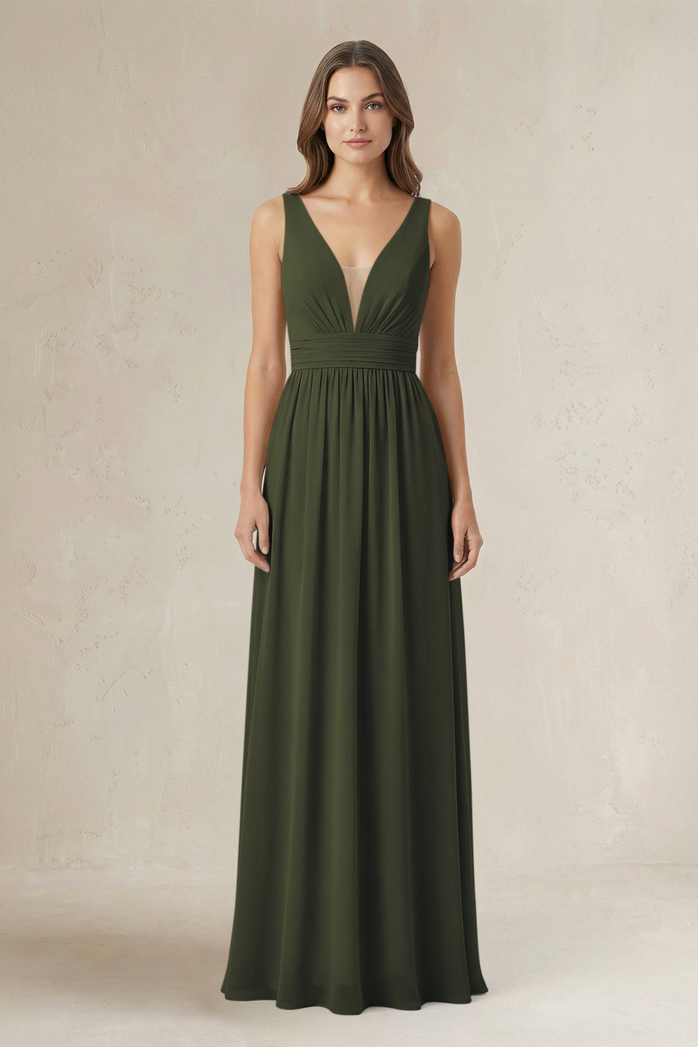 Illusion V-Neck A-Line Ruched Bridesmaid Dress in Olive