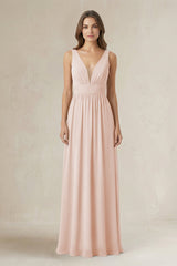 Illusion V - Neck A - Line Ruched Bridesmaid Dress in Pale Blush - KISS BRIDAL Bridesmaid Dresses