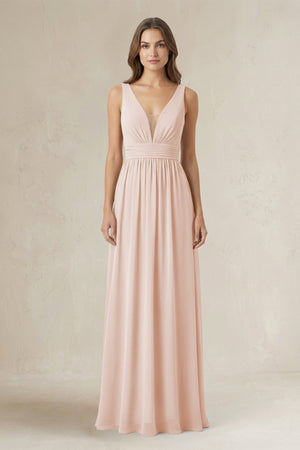 Illusion V - Neck A - Line Ruched Bridesmaid Dress in Pale Blush - SHE IS ME Bridesmaid Dresses