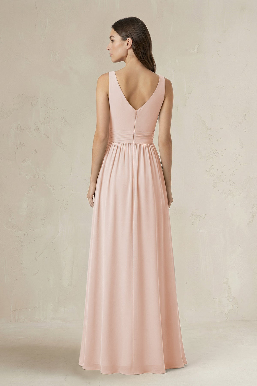 Illusion V - Neck A - Line Ruched Bridesmaid Dress in Pale Blush - KISS BRIDAL Bridesmaid Dresses