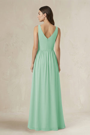 Illusion V - Neck A - Line Ruched Bridesmaid Dress in Pale Pistachio - SHE IS ME Bridesmaid Dresses
