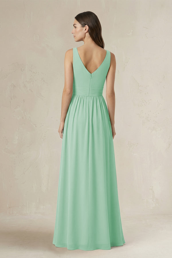 Illusion V - Neck A - Line Ruched Bridesmaid Dress in Pale Pistachio - SHE IS ME Bridesmaid Dresses