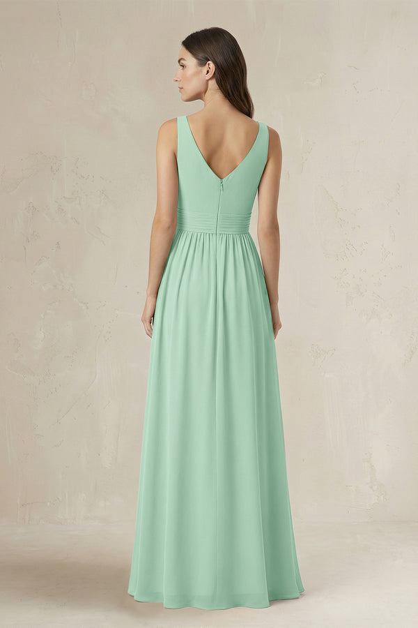 Illusion V-Neck A-Line Ruched Bridesmaid Dress in Pale Pistachio (2) | KISSBRIDAL