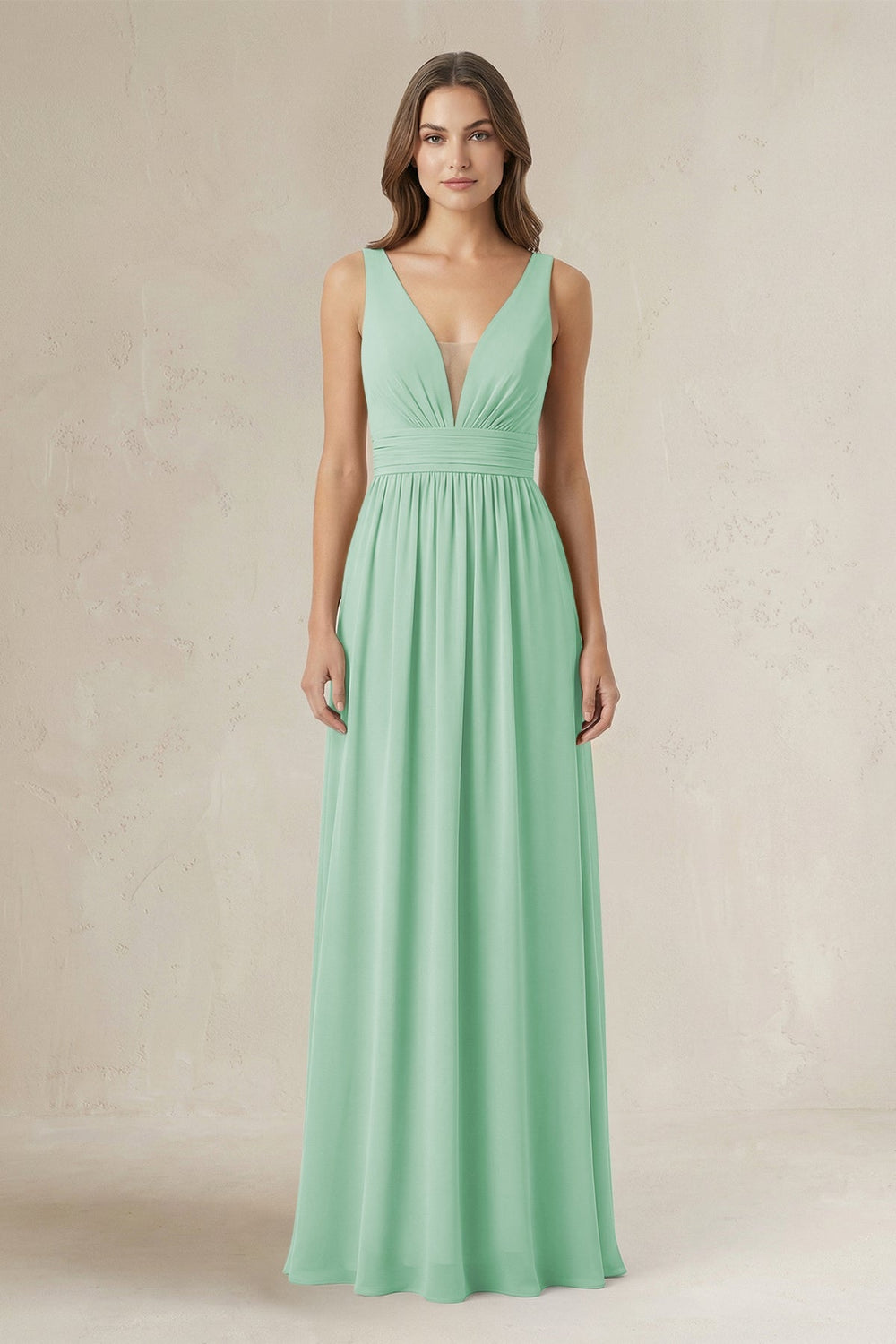 Illusion V - Neck A - Line Ruched Bridesmaid Dress in Pale Pistachio - KISS BRIDAL Bridesmaid Dresses