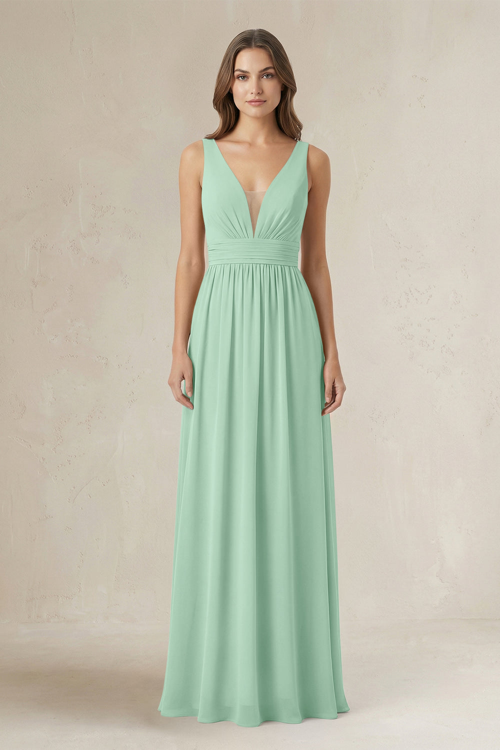 Illusion V-Neck A-Line Ruched Bridesmaid Dress in Pale Pistachio