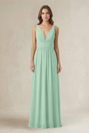 Illusion V-Neck A-Line Ruched Bridesmaid Dress in Pale Pistachio | KISSBRIDAL