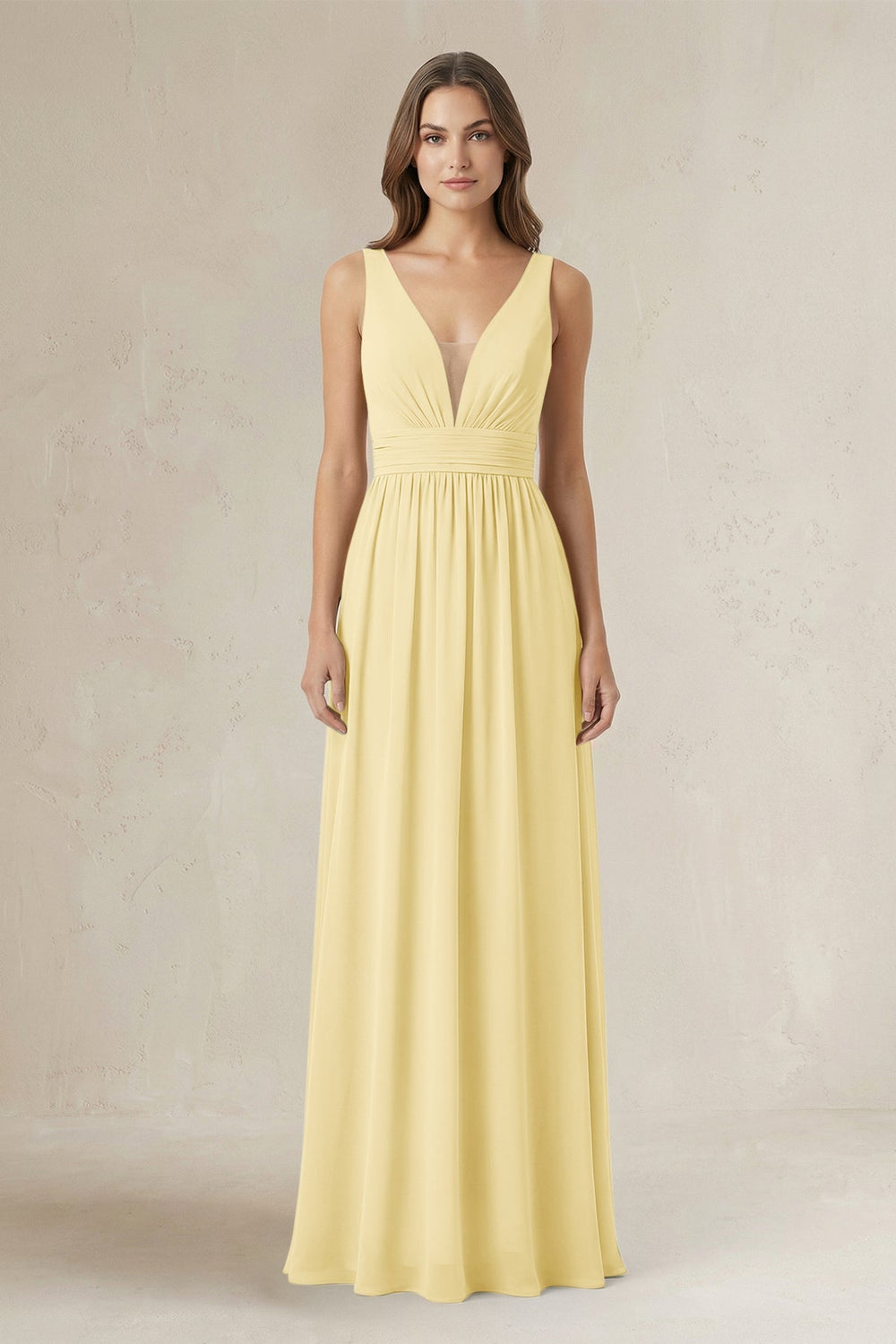 Illusion V - Neck A - Line Ruched Bridesmaid Dress in Pastel Yellow - KISS BRIDAL Bridesmaid Dresses