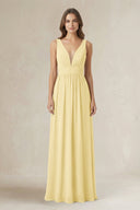 Illusion V - Neck A - Line Ruched Bridesmaid Dress in Pastel Yellow - SHE IS ME Bridesmaid Dresses