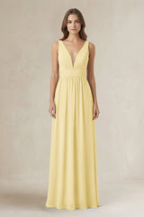 Illusion V - Neck A - Line Ruched Bridesmaid Dress in Pastel Yellow - KISS BRIDAL Bridesmaid Dresses