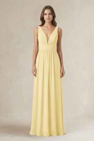 Illusion V - Neck A - Line Ruched Bridesmaid Dress in Pastel Yellow - SHE IS ME Bridesmaid Dresses
