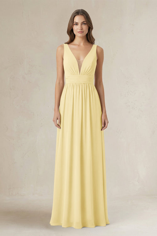 Illusion V - Neck A - Line Ruched Bridesmaid Dress in Pastel Yellow - SHE IS ME Bridesmaid Dresses