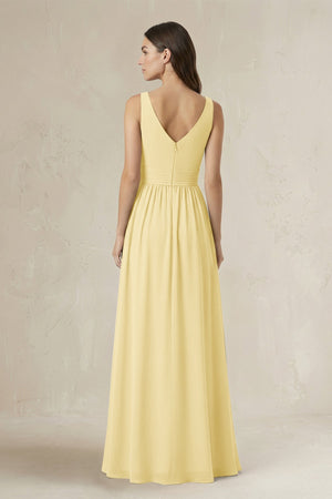 Illusion V - Neck A - Line Ruched Bridesmaid Dress in Pastel Yellow - SHE IS ME Bridesmaid Dresses
