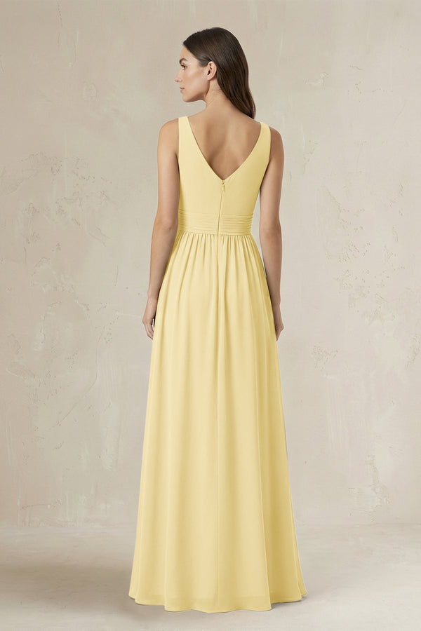 Illusion V - Neck A - Line Ruched Bridesmaid Dress in Pastel Yellow - SHE IS ME Bridesmaid Dresses