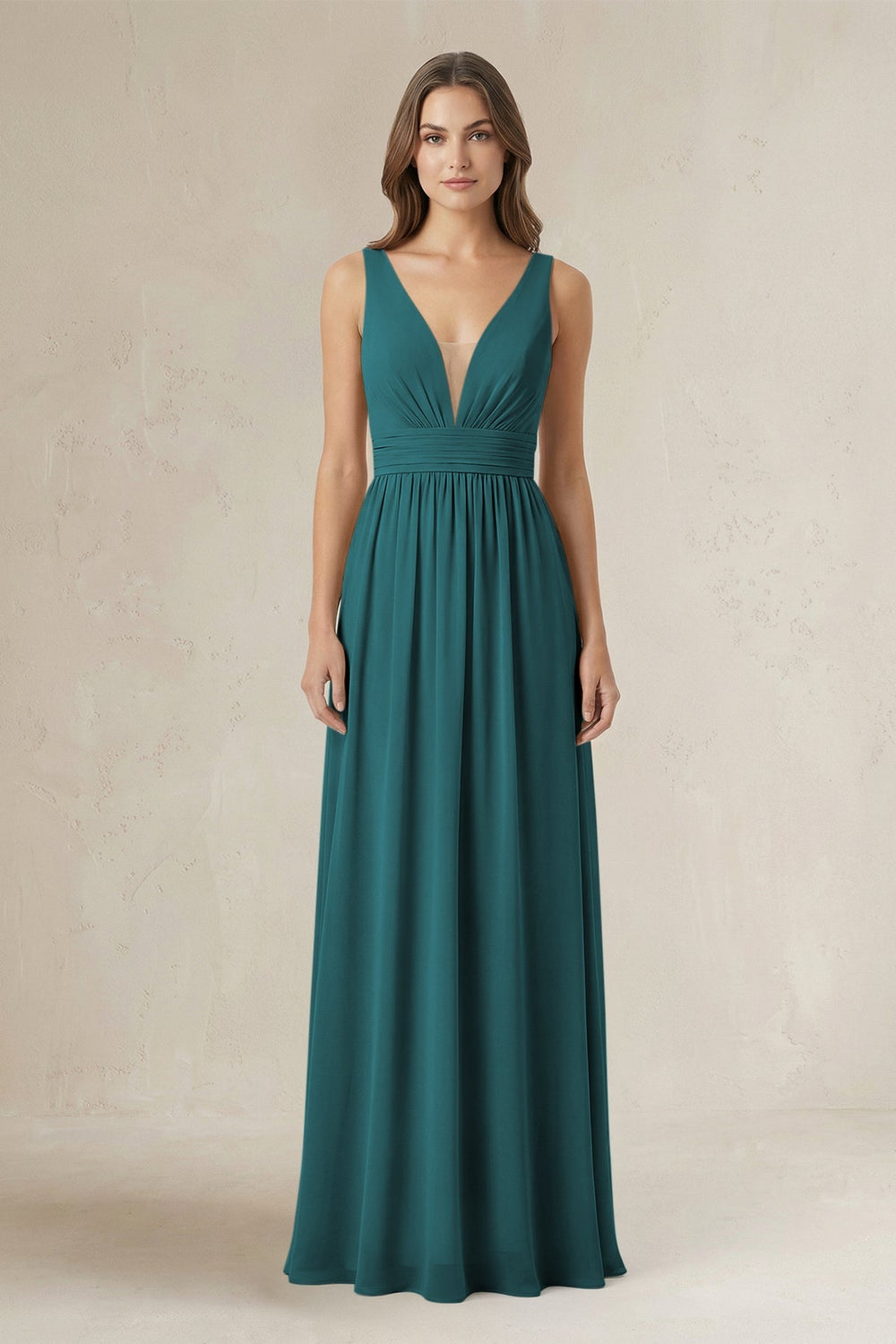 Illusion V - Neck A - Line Ruched Bridesmaid Dress in Pine - KISS BRIDAL Bridesmaid Dresses