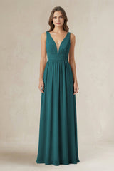 Illusion V - Neck A - Line Ruched Bridesmaid Dress in Pine - KISS BRIDAL Bridesmaid Dresses