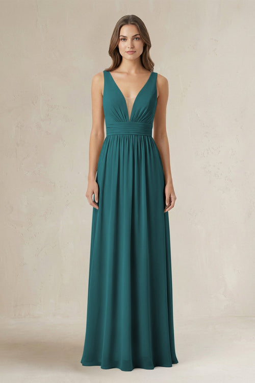 Illusion V - Neck A - Line Ruched Bridesmaid Dress in Pine - SHE IS ME Bridesmaid Dresses
