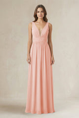 Illusion V - Neck A - Line Ruched Bridesmaid Dress in Rose Petal - KISS BRIDAL Bridesmaid Dresses