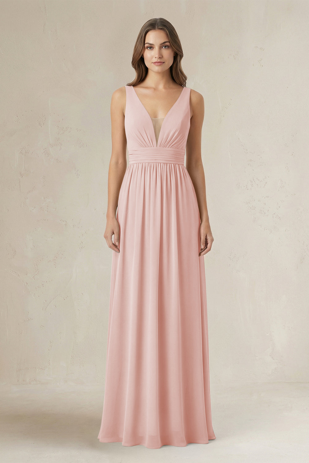 Illusion V-Neck A-Line Ruched Bridesmaid Dress in Rose Petal