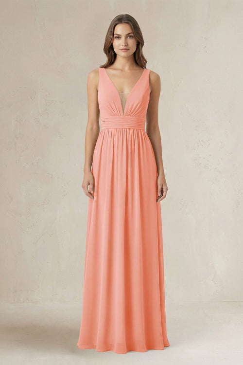 Illusion V - Neck A - Line Ruched Bridesmaid Dress in Rosette - SHE IS ME Bridesmaid Dresses