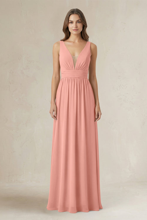Illusion V-Neck A-Line Ruched Bridesmaid Dress in Rosette | KISSBRIDAL