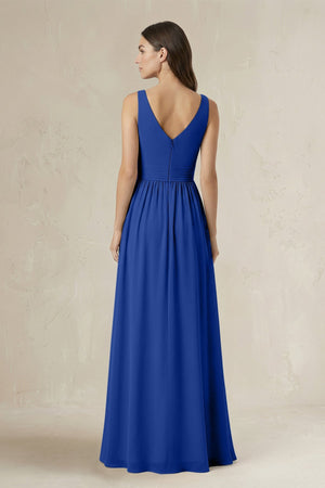 Illusion V - Neck A - Line Ruched Bridesmaid Dress in Royal Blue - SHE IS ME Bridesmaid Dresses