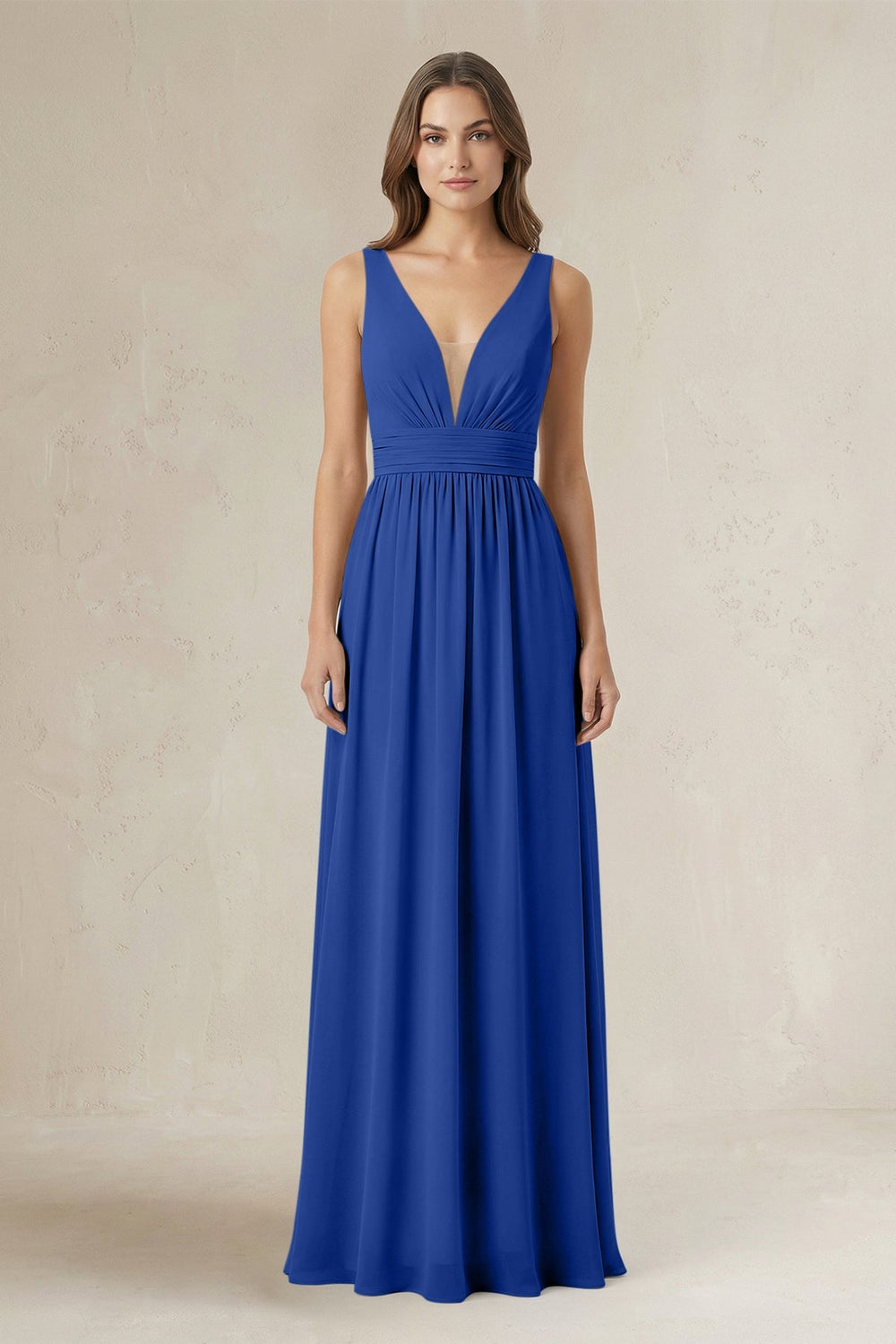 Illusion V - Neck A - Line Ruched Bridesmaid Dress in Royal Blue - KISS BRIDAL Bridesmaid Dresses