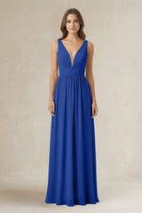 Illusion V - Neck A - Line Ruched Bridesmaid Dress in Royal Blue - KISS BRIDAL Bridesmaid Dresses