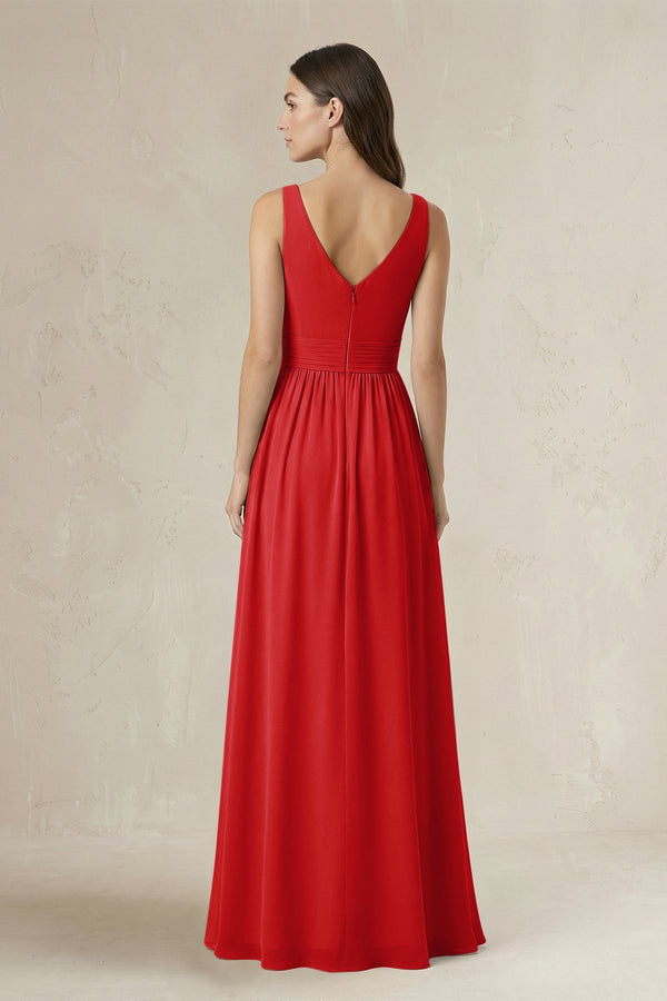Illusion V - Neck A - Line Ruched Bridesmaid Dress in Ruby Red - SHE IS ME Bridesmaid Dresses