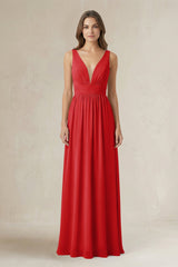 Illusion V - Neck A - Line Ruched Bridesmaid Dress in Ruby Red - KISS BRIDAL Bridesmaid Dresses