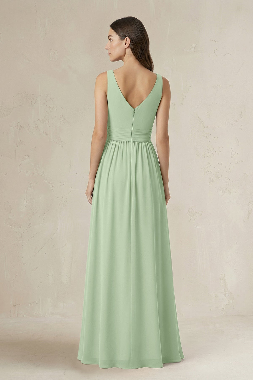 Illusion V - Neck A - Line Ruched Bridesmaid Dress in Sage - KISS BRIDAL Bridesmaid Dresses