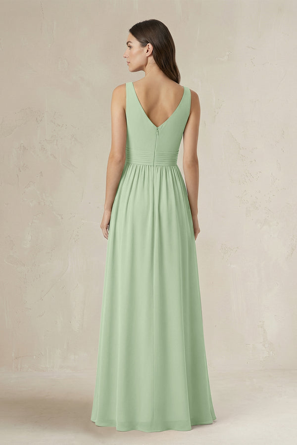 Illusion V - Neck A - Line Ruched Bridesmaid Dress in Sage - SHE IS ME Bridesmaid Dresses