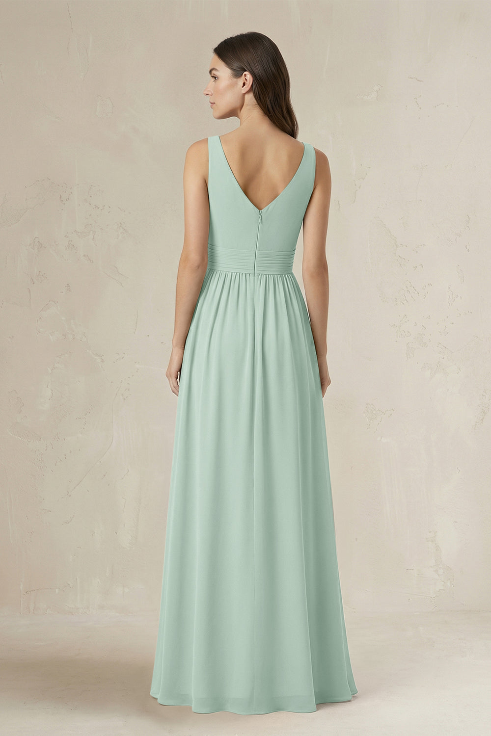 Illusion V-Neck A-Line Ruched Bridesmaid Dress in Sage