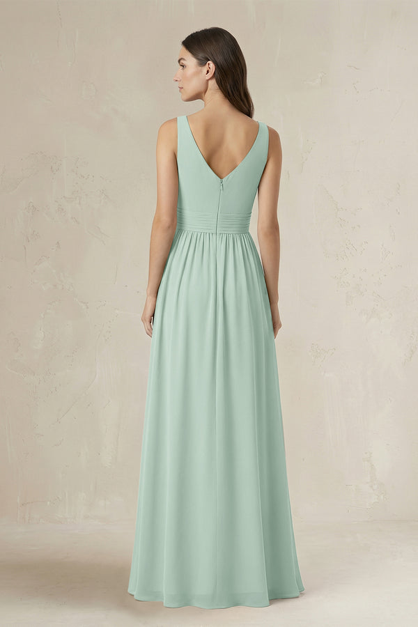 Illusion V-Neck A-Line Ruched Bridesmaid Dress in Sage (2) | KISSBRIDAL