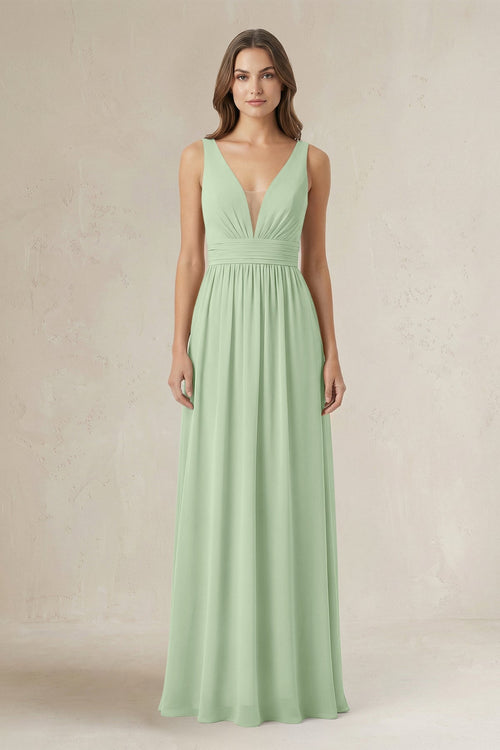 Illusion V - Neck A - Line Ruched Bridesmaid Dress in Sage - SHE IS ME Bridesmaid Dresses