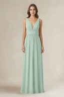 Illusion V-Neck A-Line Ruched Bridesmaid Dress in Sage | KISSBRIDAL
