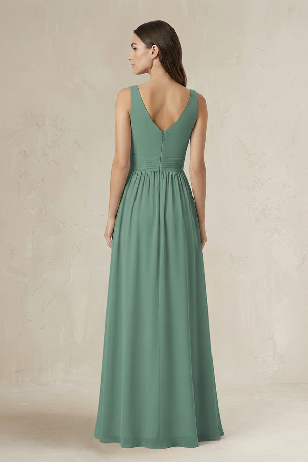 Illusion V-Neck A-Line Ruched Bridesmaid Dress in Sea Glass (2) | KISSBRIDAL