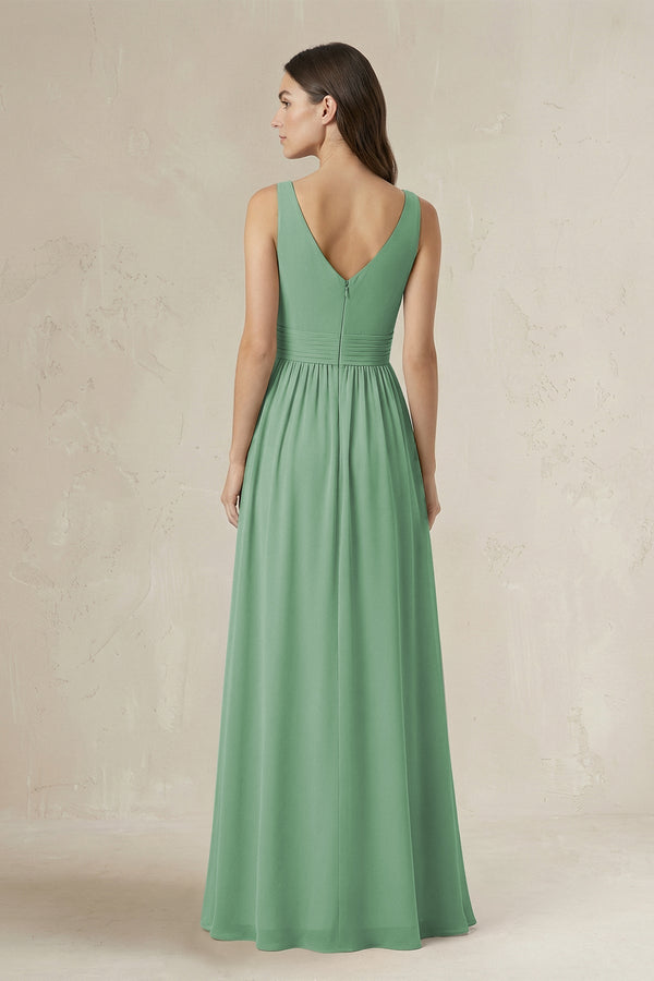 Illusion V - Neck A - Line Ruched Bridesmaid Dress in Sea Glass - SHE IS ME Bridesmaid Dresses