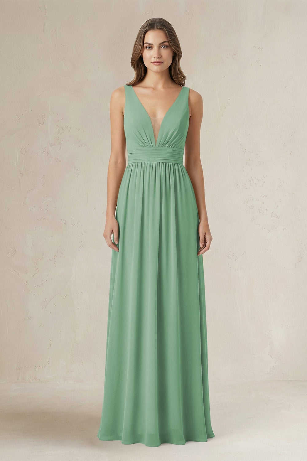 Illusion V - Neck A - Line Ruched Bridesmaid Dress in Sea Glass - KISS BRIDAL Bridesmaid Dresses