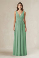 Illusion V - Neck A - Line Ruched Bridesmaid Dress in Sea Glass - SHE IS ME Bridesmaid Dresses