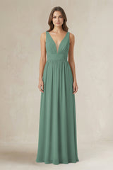Illusion V-Neck A-Line Ruched Bridesmaid Dress in Sea Glass | KISSBRIDAL
