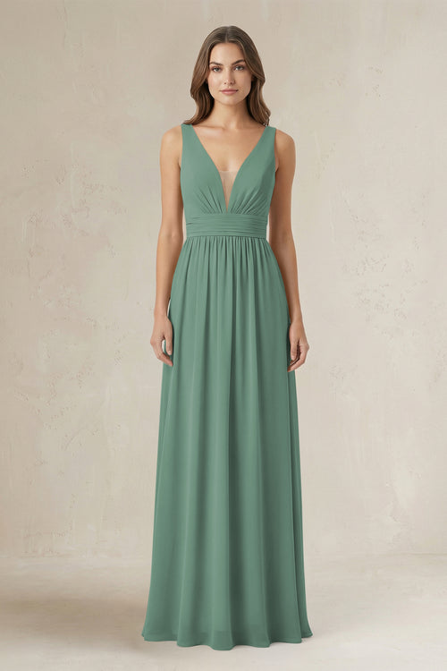 Illusion V-Neck A-Line Ruched Bridesmaid Dress in Sea Glass | KISSBRIDAL