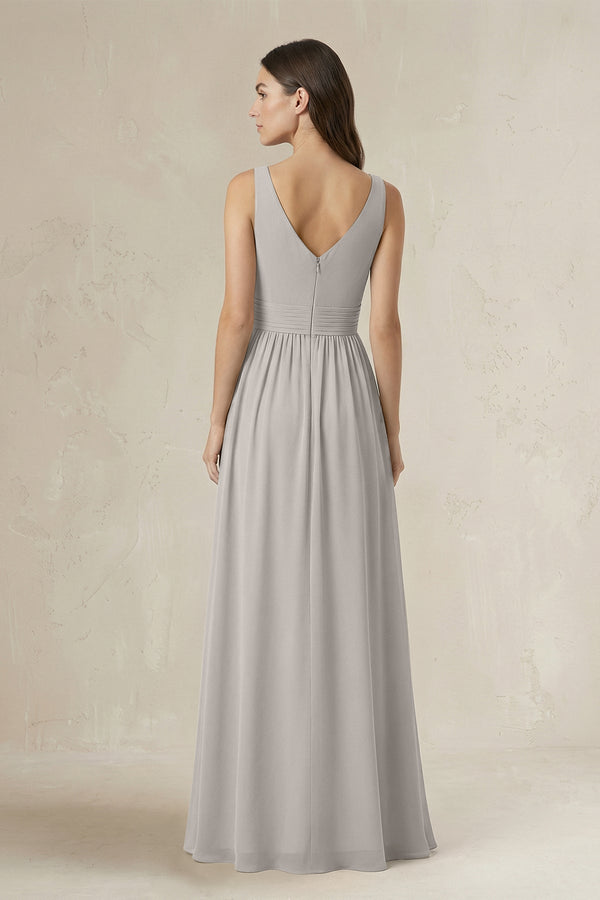 Illusion V - Neck A - Line Ruched Bridesmaid Dress in Silver - SHE IS ME Bridesmaid Dresses