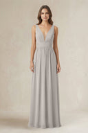 Illusion V - Neck A - Line Ruched Bridesmaid Dress in Silver - SHE IS ME Bridesmaid Dresses