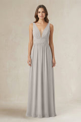 Illusion V - Neck A - Line Ruched Bridesmaid Dress in Silver - KISS BRIDAL Bridesmaid Dresses