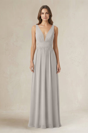Illusion V - Neck A - Line Ruched Bridesmaid Dress in Silver - SHE IS ME Bridesmaid Dresses