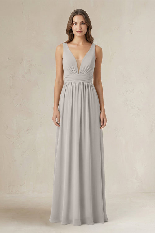 Illusion V - Neck A - Line Ruched Bridesmaid Dress in Silver - SHE IS ME Bridesmaid Dresses