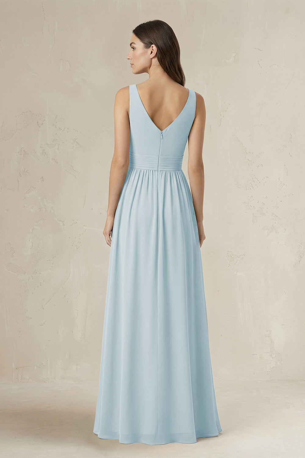 Illusion V-Neck A-Line Ruched Bridesmaid Dress in Sky Blue