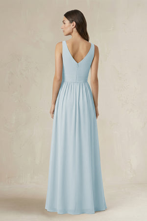 Illusion V-Neck A-Line Ruched Bridesmaid Dress in Sky Blue (2) | KISSBRIDAL